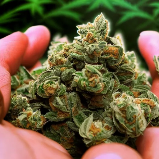 Prompt: photo of hand holding quality marijuana buds, 4 k, pov, closeup