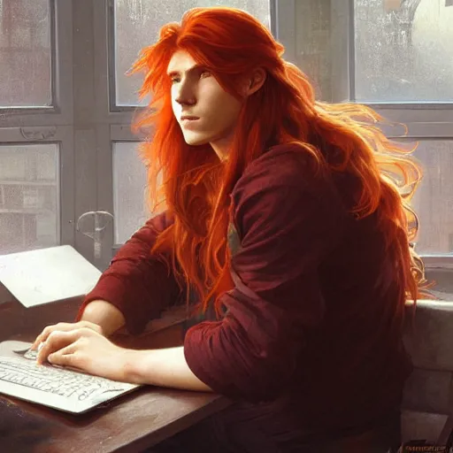 Prompt: a red-haired long-haired teenage boy sitting at a computer, lions around him, painting by artgerm and greg rutkowski and alphonse mucha, smooth sharp focus