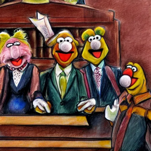 Prompt: muppet courtroom sketch