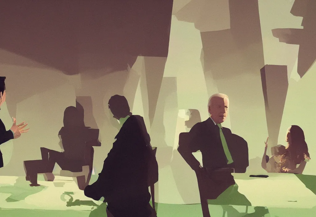 Image similar to portrait of joe biden talking with anya taylor - joy, epic debates, presidental elections candidates, cnn, fox news, fantasy, by atey ghailan, by greg rutkowski, by greg tocchini, by james gilleard, by joe gb fenton, dynamic lighting, gradient light green, brown, blonde cream, salad and white colors in scheme, grunge aesthetic