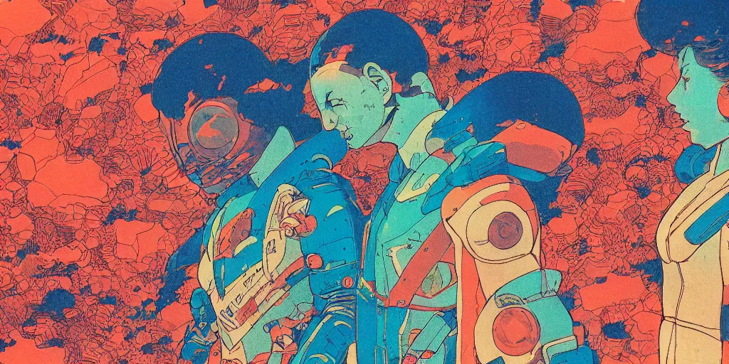 Image similar to risograph grainy drawing vintage sci - fi, satoshi kon color palette, gigantic gundam full - body covered in dead coral reef, 1 9 8 0, kodachrome, natural colors, comicbook spreadsheet, codex seraphinianus painting by moebius and satoshi kon and dirk dzimirsky close - up portrait