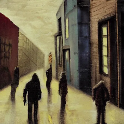 Prompt: impending doom in an alleyway, retro, tense atmosphere, painterly