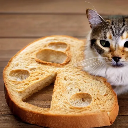 Prompt: a cat with a slice of toast on its back