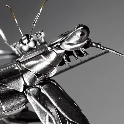 Prompt: Macro photography of a silver robot mantis in the wild, 88m Sigma f/1.4, dramatic lighting