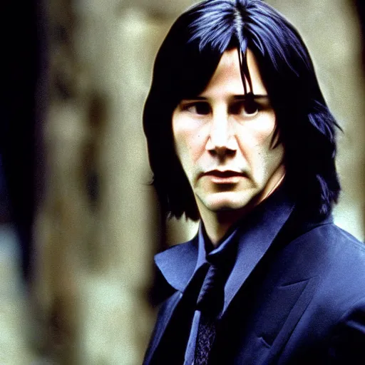 Image similar to Film Still of a Young Keanu Reeves playing a Young Severus Snape in Harry Potter, Film Still, realistic, hyperrealistic, very realistic, very very realistic, highly detailed, very detailed, extremely detailed, detailed, detailed face, very detailed face, very detailed face, realism, HD Quality, 8k resolution, intricate details, body and head in frame, Real Life