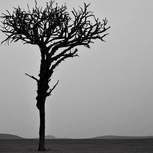 Prompt: A desolate wasteland, where the only sign of life is a lone, skeletal tree, bleak and foreboding.