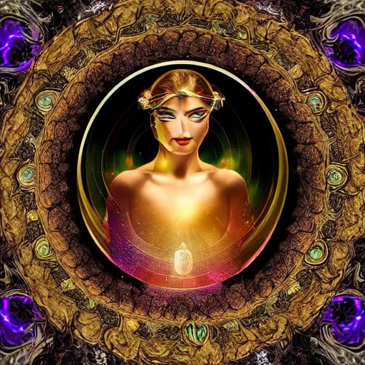 Prompt: goddess of illusion, beautiful, stunning, breathtaking, mirrors, glass, magic circle, magic doorway, fantasy, mist, cienematic, digital art painting, highly intricate details