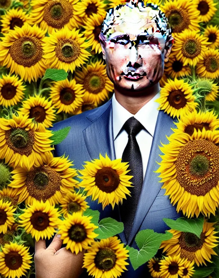 Prompt: photo portrait of Vladimir Putin - sunflowers - dressed in leisure suit with ornamental ethereal sunflower pattern, natural skin tone, highly detailed realistic flowers ornament in the upper side of breast, hair, eyebrows and wrinkles are intricate with highly detailed realistic flowers, elegant, Realistic, Refined, Highly Detailed, natural soft pastel lighting colors scheme, fine art photography by Cecil Beaton, volumetric lighting, hyper realistic photography