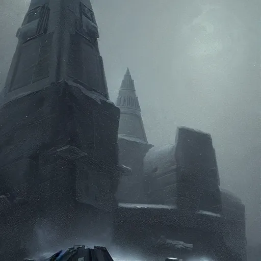 Image similar to star wars concept art by greg rutkowski, a brutalist - looking and imposing temple in the middle of a snowy, dark and hostile landscape, strong blizzards, poor lighting, evil atmosphere, artstation hq.