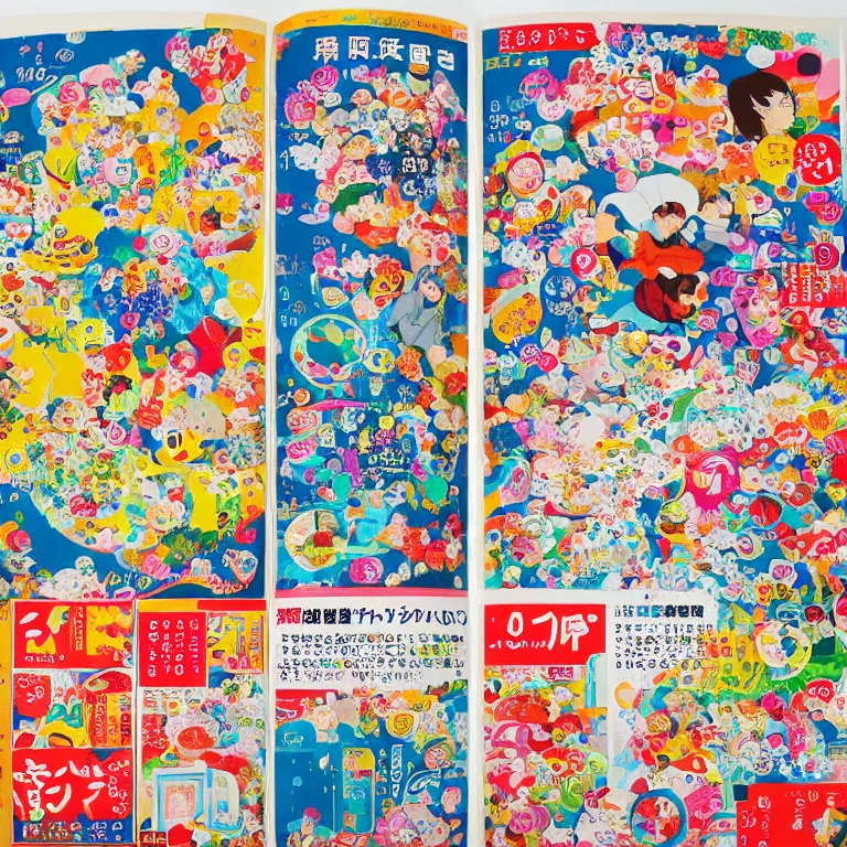 Image similar to an overwhelmingly detailed and colorful japanese magazine page of advertisements