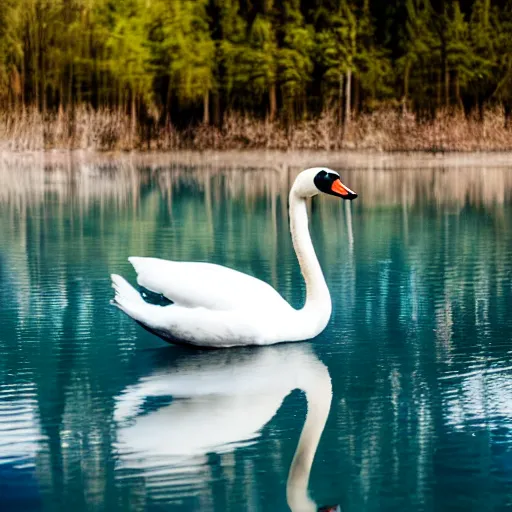 Image similar to a photo of a swan pulling a container and swimming in a blue lake, canon eos r 3, f / 1. 4, iso 2 0 0, 1 / 1 6 0 s, 8 k, raw, unedited, symmetrical balance