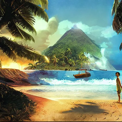 Prompt: The last lost island, game poster printed on playstation 2 video game box , Artwork by Craig Mullins, cinematic composition