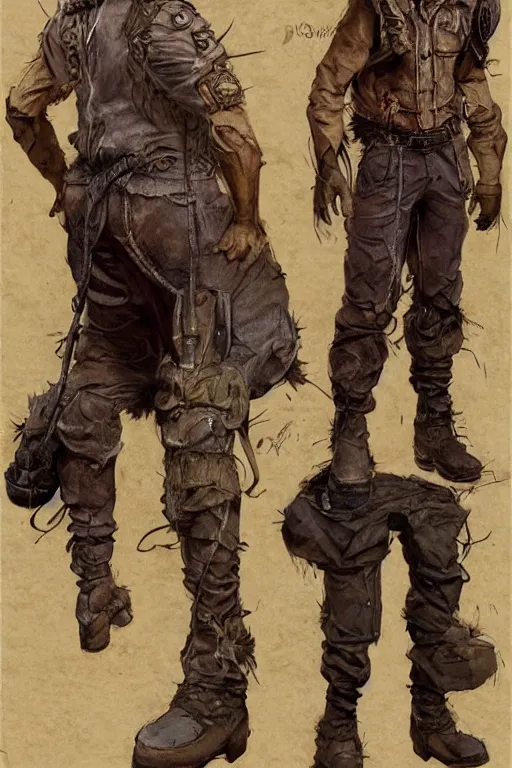 Image similar to character design, reference sheet, 40's adventurer, stained dirty clothing, straw hat, heavy boots, leather bomber jacket, realistic, hyperdetailed, concept art, , art by Frank Frazetta