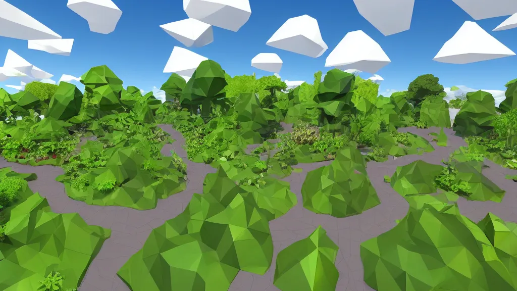 Image similar to an early 3 d low polygon garden with blue skies, landscape, no man's sky * *