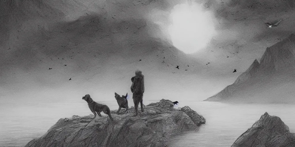 Image similar to A majestic landscape featuring a river, mountains and a forest. A group of birds is flying in the sky. There is a dog and an old man standing, wearing a backpack and staring at the sunset. Cinematic, very beautiful, pencil drawing