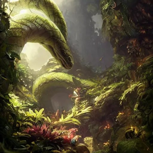 Prompt: Giant snake resting in a cave, natural light, lush plants and flowers, elegant, intricate, fantasy, atmospheric lighting, by Greg rutkowski, league of legends splash art