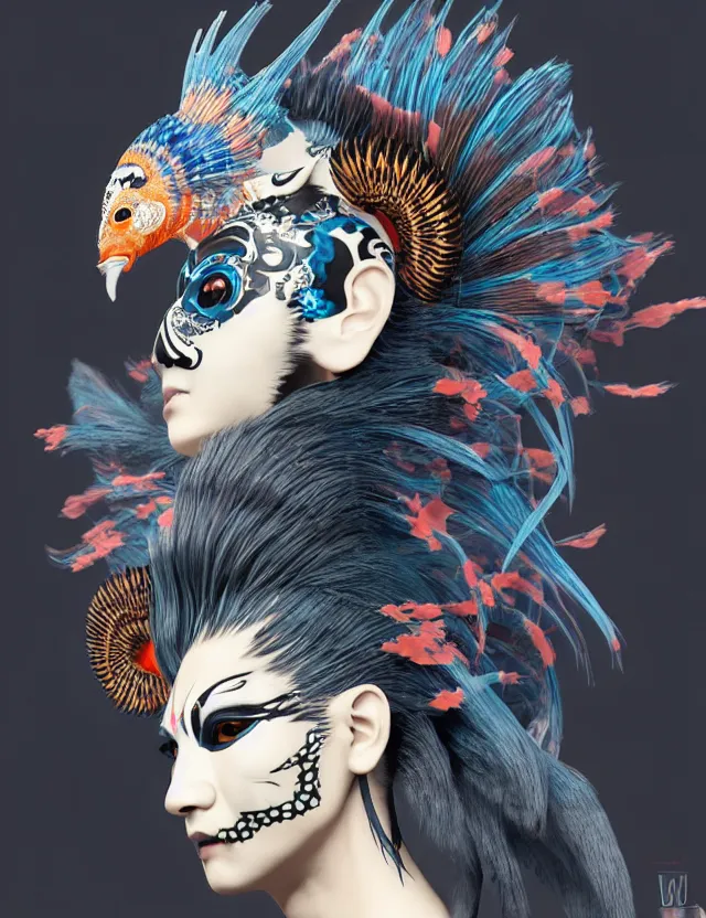 Image similar to 3 d goddess close - up profile simple portrait punk with mohawk with tiger skull. beautiful intricately detailed japanese crow kitsune mask and clasical japanese kimono. betta fish, jellyfish phoenix, bio luminescent, plasma, ice, water, wind, creature, artwork by tooth wu and wlop and beeple and greg rutkowski