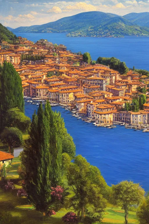 Image similar to Highly detailed oil painting of Lake Como, photorealistic, wide shot, daylight, blue sky, summer, dramatic lighting, award winning, highly detailed, medium format photography, cinestill 800t.