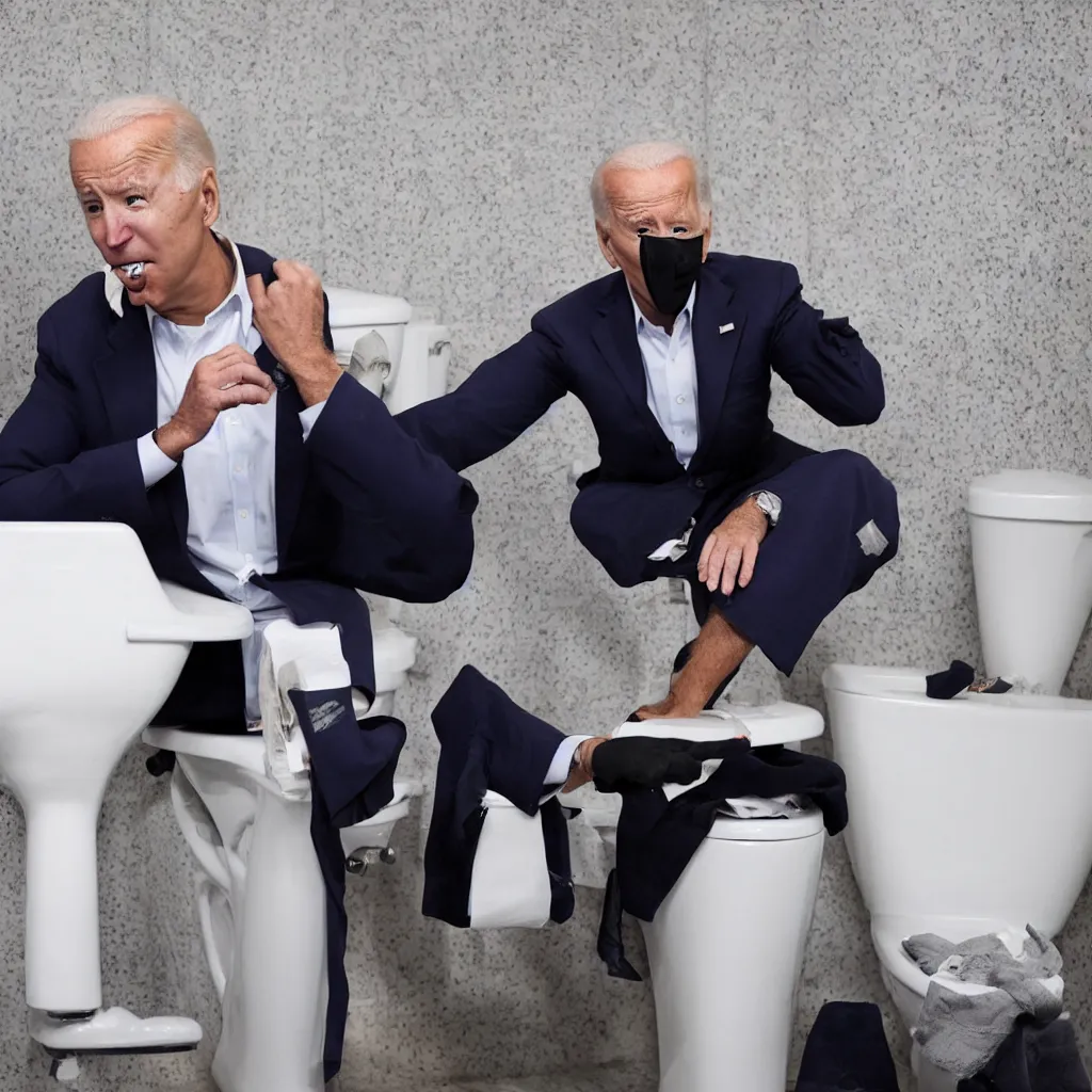 Prompt: joe biden picking his nose while sitting on the toilet, white press conference on cnn