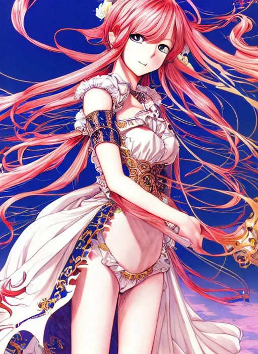 Image similar to exquisite imaginative fate manga poster of princess, long wavy hair, armor, ruffles, by shigenori soejima, minaba hideo, katsuhiro otomo, jump comics, fluorescent, illustration, artstation, dark fantastic, highly detailed, 8 k, maximalist