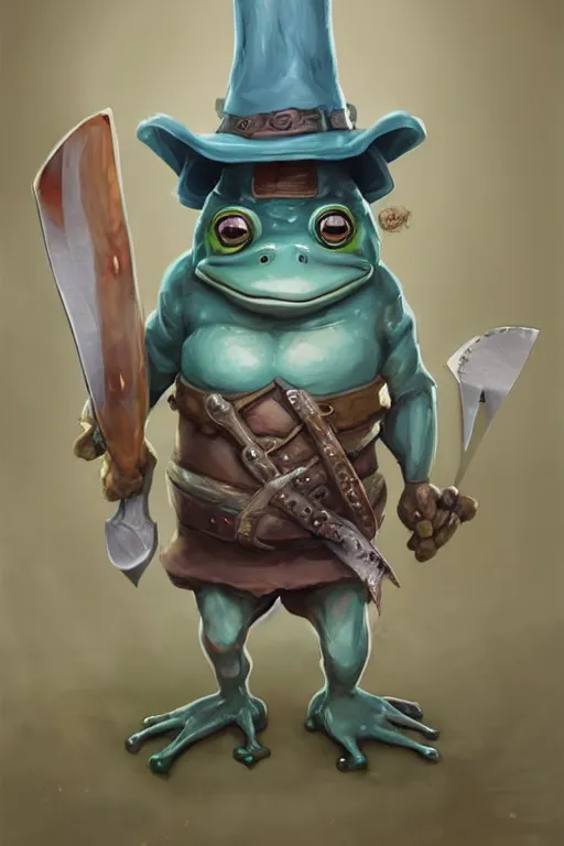 Image similar to cute anthropomorphic frog wearing butcher clothes with a hat and holding a cleaver knife ,tiny, small, miniature frog, baby animal, short, pale blue armor, cute and adorable, pretty, beautiful, DnD character art portrait, matte fantasy painting, cgsociety Artstation, by Jason Felix by Steve Argyle by Tyler Jacobson by Peter Mohrbacher, cinematic lighting