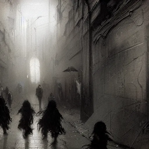 Image similar to dark alley full of homeless children being questioned by a futuristic cop, somber, by beksinski and jeremy mann and alphonse mucha and stan lee, fantasy art, photo realistic, dynamic lighting, artstation, poster, volumetric lighting, very detailed faces, award winning