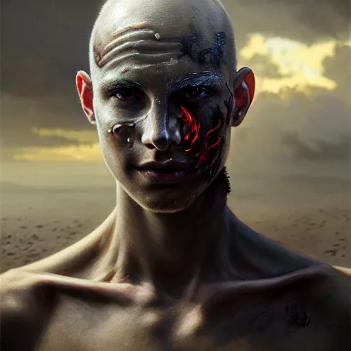 Image similar to portrait painting of young man with burn scars on his face and poorly shaved hair wearing tattered light armor, ultra realistic, concept art, intricate details, eerie, highly detailed, photorealistic, octane render, 8 k, unreal engine. art by artgerm and greg rutkowski and charlie bowater and magali villeneuve and alphonse mucha