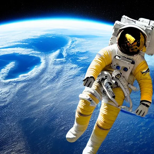 Image similar to astronaut in space, galactic background reflections on suit on one side and a yellow planet on the other side