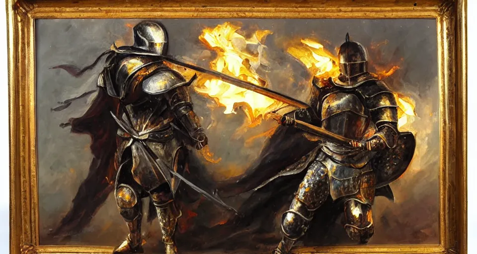 Image similar to An oil painting of a knight in dark metal armor wielding a flaming sword