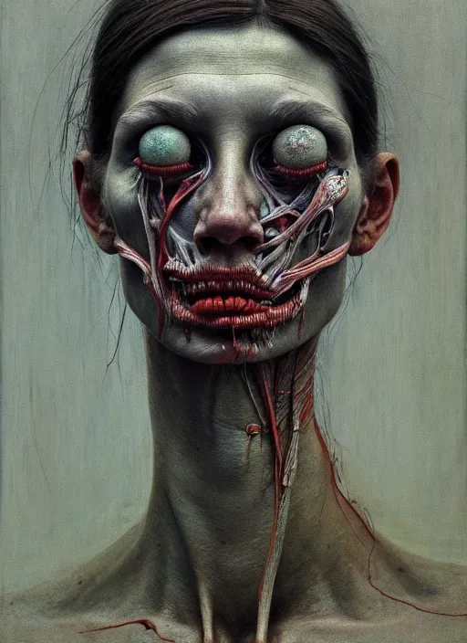 Image similar to there is ugliness in beauty, but there is also beauty in ugliness detailed portrait painting inspired by beksinski and alex gray, accurate anatomy, vintage, by jenny saville, edward hopper trending on artstation. 8 k