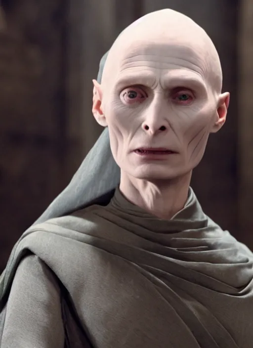 Prompt: film still of tilda swinton as voldemort in harry potter, 4 k, ( voldemort nose )