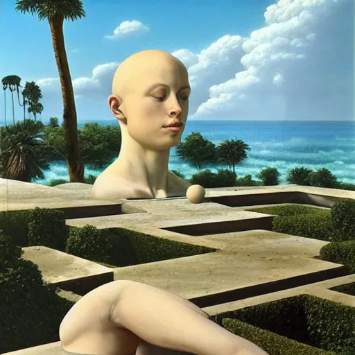 Image similar to David Ligare masterpiece, hyperrealistic surrealism, award winning masterpiece with incredible details, epic stunning, infinity pool, a surreal vaporwave liminal space, highly detailed, trending on ArtStation, broken giant marble head statue ruins, calming, meditative, geometric liminal space, palm trees, very vaporwave, very very surreal, sharp details