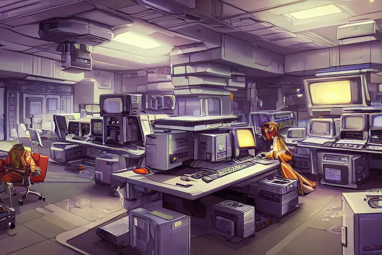 Image similar to stunning concept illustration of a retrofuturism cyberpunk bedroom full of computers, by ron cobb, hd, 4 k