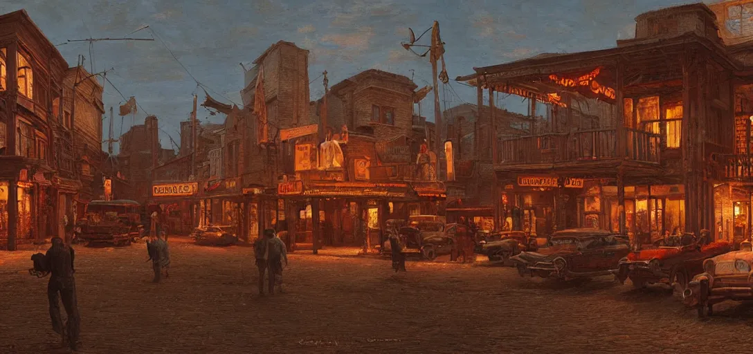 Image similar to from a movie scene, painting of a western saloon exterior in old town, roman architecture, bright lights, beksinski, gregory crewdson, cinematic wide shot