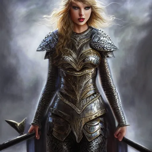 Image similar to the picture of taylor swift in a knight armor, epic fantasy art, mystical, mystic atmosphere, mythology, photo realistic, high detail, ultra realistic, hyper realistic, high definiton, 4 k uhd,