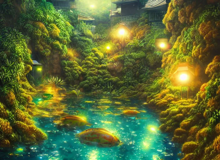 Image similar to lush foliage japanese favela, underwater environment, borealis, scenery, professional, award - winning, trending on artstation, hyper detailed, realistic, beautiful, emotional, shiny, golden, picture