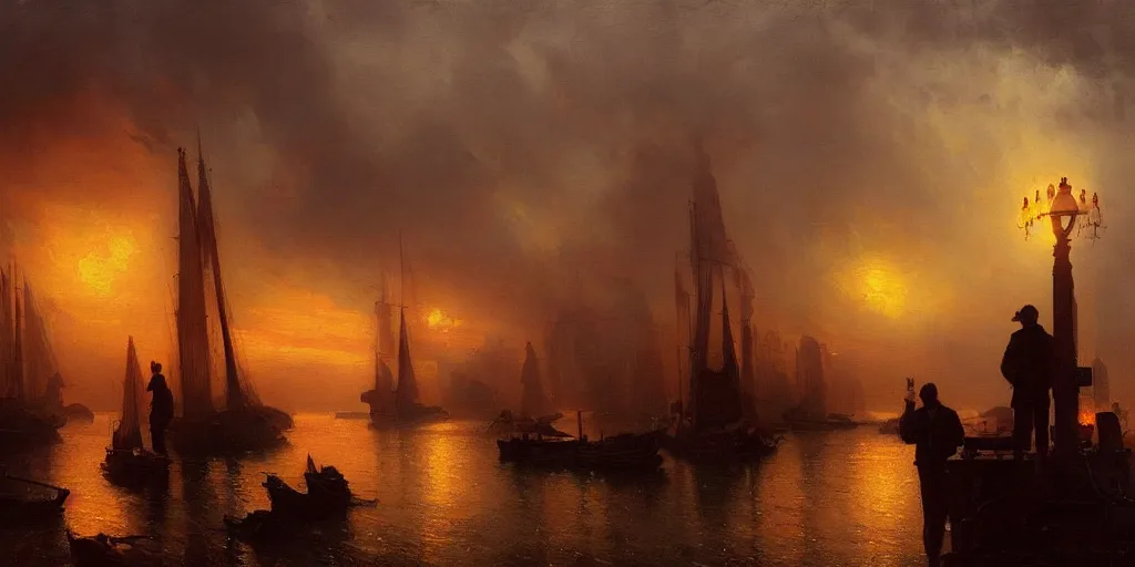 Image similar to a seaport in 1 9 4 0 with red light on, sunny day, a men stand up next to the edge, mystical orange fog, oil on canvas, art by andreas achenbach, clemens ascher, tom bagshaw and sabbas apterus,