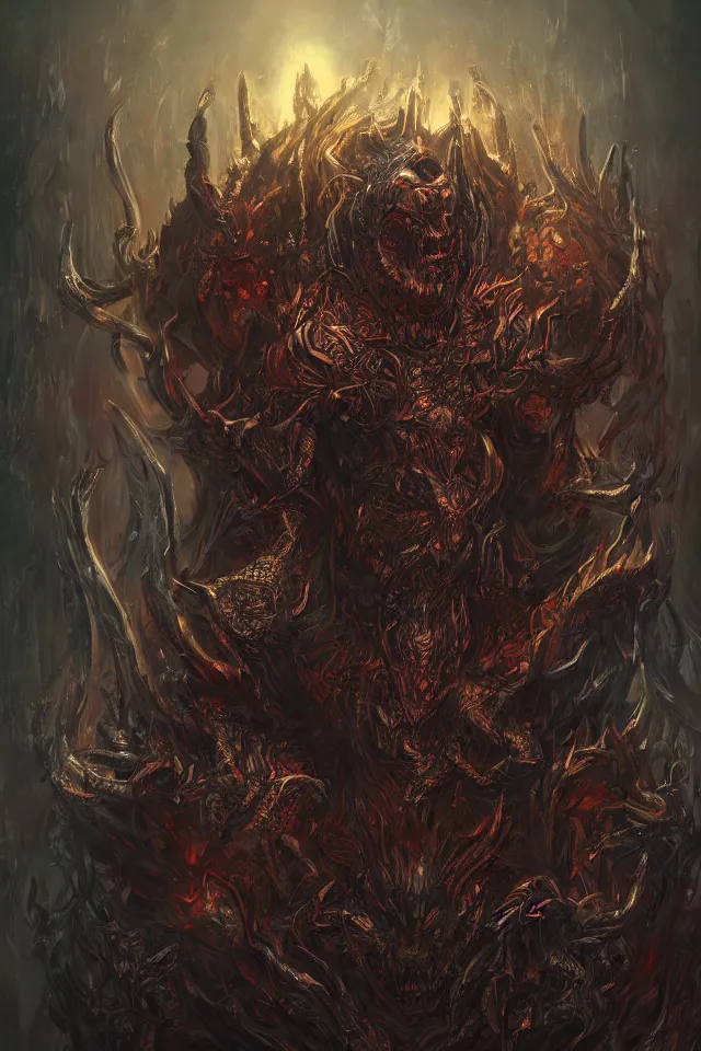 Prompt: horrifying death god demon, maximalist, high detail, 8k, ornate, dark fantasy, realistic, masterpiece, Trending on art station, complex, WLOP