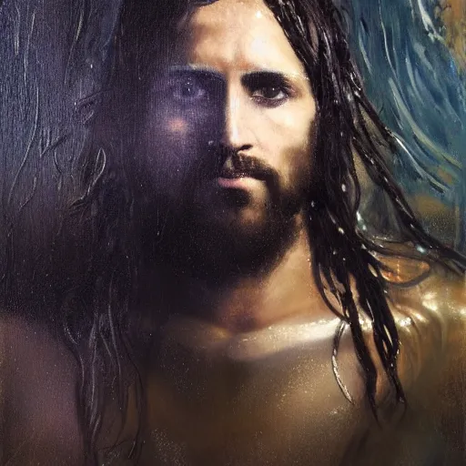 Image similar to painting of Jesus wading through a murky pool in a dark cave, surrounded by a vivid silver light, flowing royal robes with goly inlay, blood dripping from his hair, stern expression with a chiseled jaw and fiery eyes, by Jeremy Mann, stylized, detailed, realistic, loose brush strokes, intricate, cold