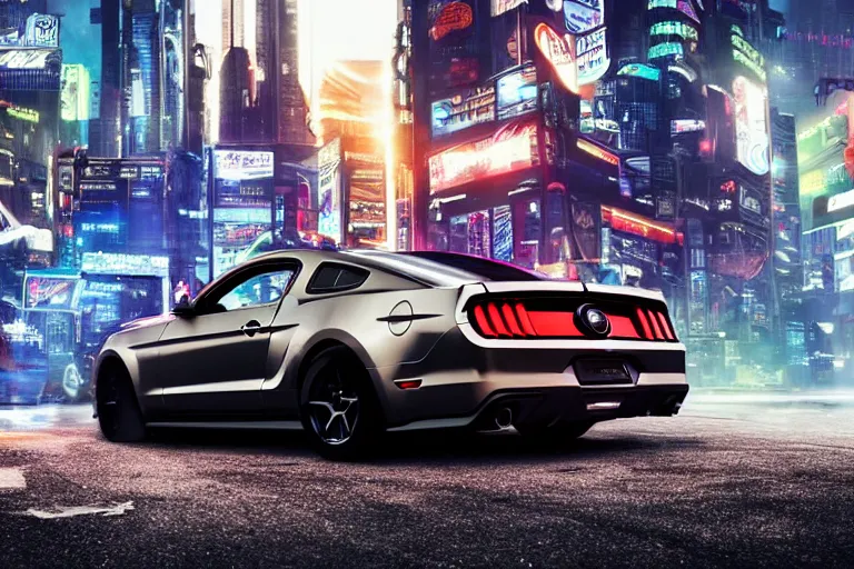 Image similar to ford mustang in cyberpunk city