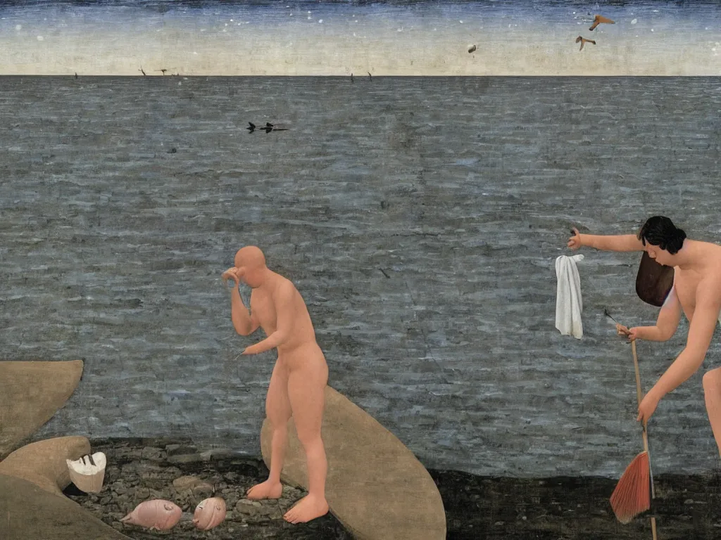 Image similar to Painter washing his brush in the river. Giant fishes. Painting by Alex Colville, Piero della Francesca.