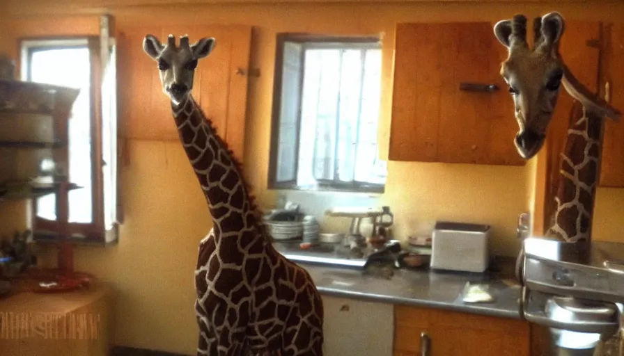 Prompt: a mini girafe in a stalinist style kitchen, by mini dv camera, very very low quality, heavy grain, very blurry, accidental flash, webcam footage, found footage, security cam, caught on trail cam