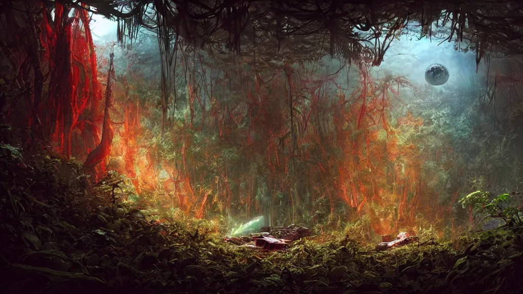 Prompt: a Photorealistic dramatic Matte painting,Looking through deep inside an Alien planets dense red forest there is a gigantic crashed derelict spaceship,a lone astronaut in a white spacesuit with lights is exploring outside,hundreds of tall gigantic monster carnivorous Red Venus Flytrap plants and glowing bulbs,translucent wet and slimy plant life by Greg Rutkowski,Craig Mullins,James Paick,Fenghua Zhong,a misty haze,Beautiful dramatic dark moody nighttime lighting,Cinematic Atmosphere,Volumetric,Terragen,Octane Render,8k