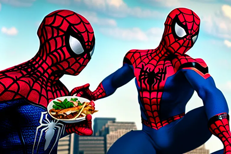 Image similar to cinematic still of spiderman eating greasy food from arby's restaurant