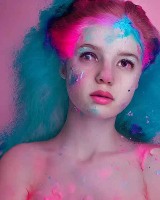 Prompt: a dramatic lighting photo of a beautiful young woman eva elfie with cotton candy hair. paint splashes. with a little bit of cyan and pink