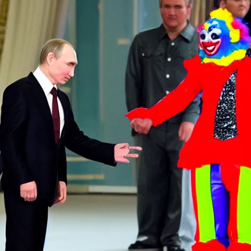 Prompt: Vladimir Putin dressed as a clown,