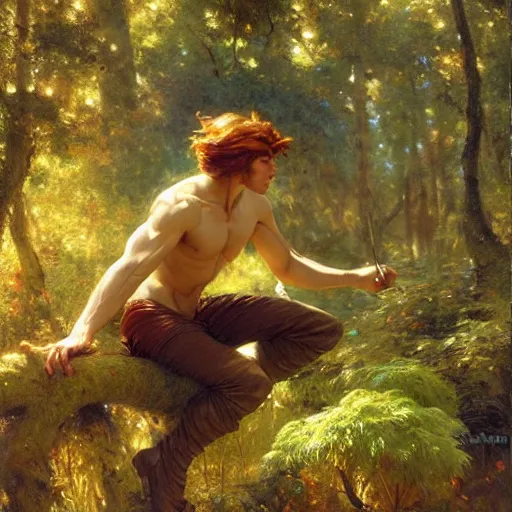 Prompt: attractive male fairy with wings in the forest, posing. highly detailed painting by gaston bussiere, craig mullins, j. c. leyendecker, 8 k