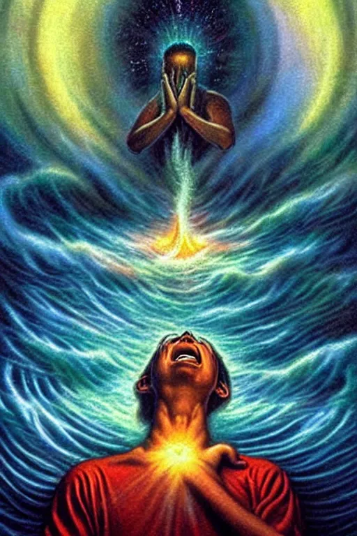 Prompt: a photorealistic detailed cinematic image of a fallen soul crying out to god. being saved. met by friends and family, overjoyed, by pinterest, david a. hardy, kinkade, lisa frank, wpa, public works mural, socialist