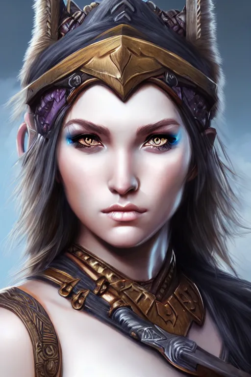 Prompt: head and shoulders portrait of a barbarian, female, high fantasy, dnd, extremely detailed, face details, by artgerm