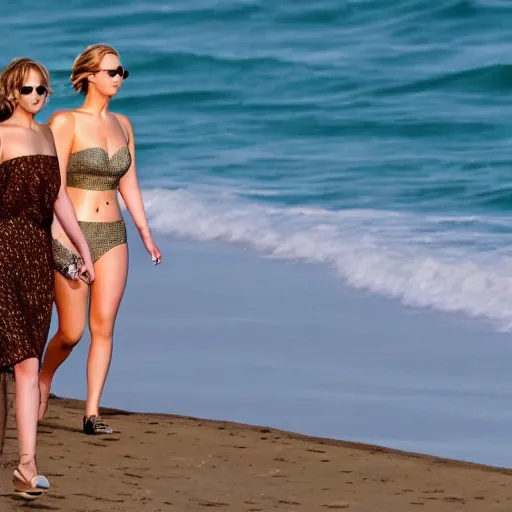 Image similar to Jennifer Lawrence and Jennifer Lawrence walking along the beach together, golden hour, hyperdetailed, 8k,
